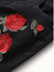 Slim Fit Rose Embroidery Ripped Jeans Men's Casual Street Style Stretch Denim
