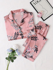 Floral Pajama Set Long Sleeve Top & Elastic Waistband Pants Women's Sleepwear