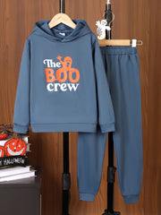 BOO CREW Hoodie & Sweatpants Set Halloween Ghost Pattern Outfits For Kids