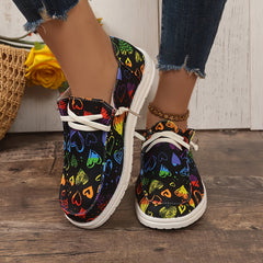 Heart Pattern Skate Shoes Women Flat Lightweight Lace-up Canvas Sneakers