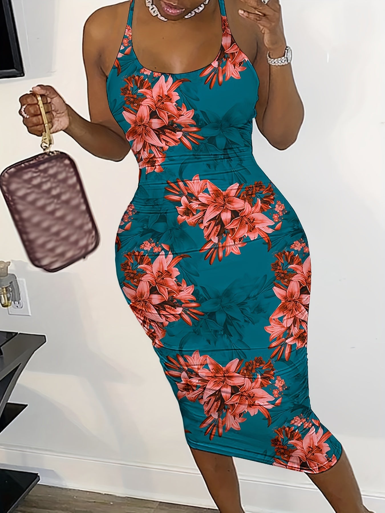 Floral Print Bodycon Criss Cross Dress Backless Spaghetti Dress