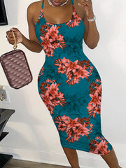 Floral Print Bodycon Criss Cross Dress Backless Spaghetti Dress