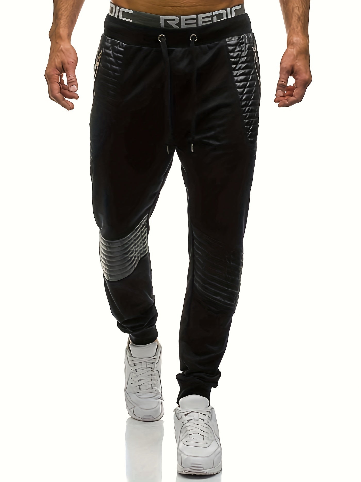 Leather Patchwork Men's Drawstring Pocket Sweatpants