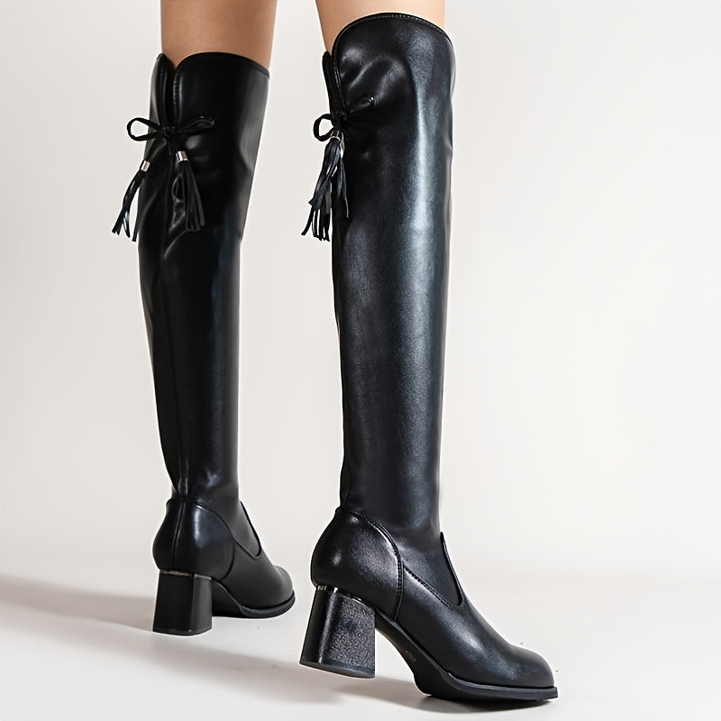 Pointed Toe Chunky Heeled Over The Knee Boots with Tie Back