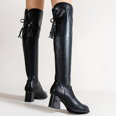 Pointed Toe Chunky Heeled Over The Knee Boots with Tie Back