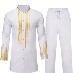 Solid Cotton Men's African 2 Pcs Set Dashiki & Pants Outfit