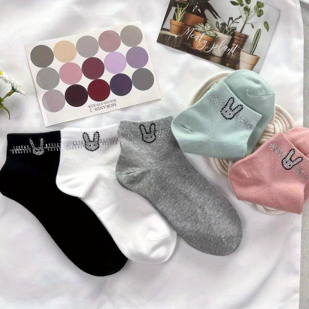 Bunny Rhinestone Crew Socks - Comfy & Breathable Women's Stockings