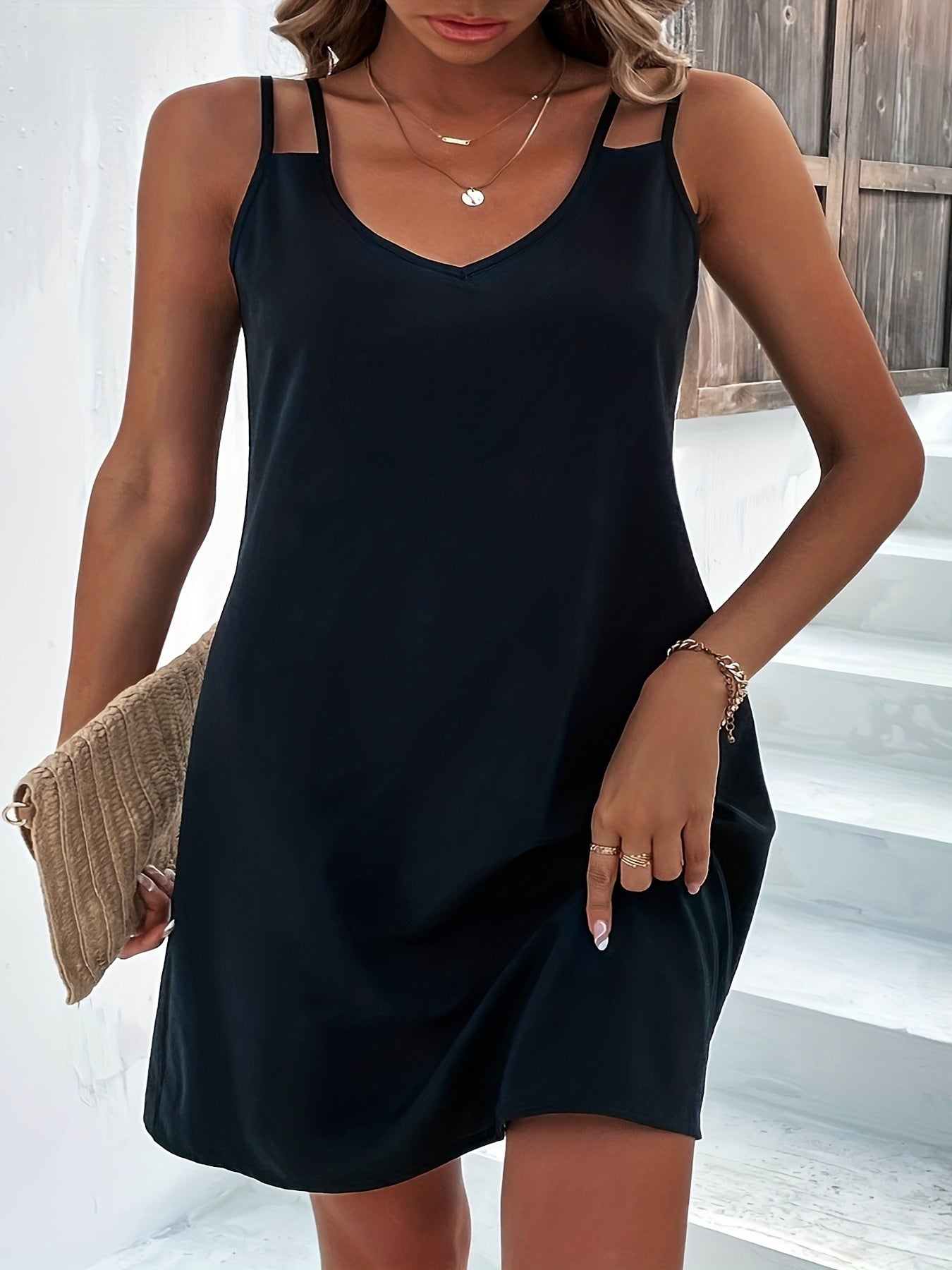 Casual Tank Dress Women's Solid V Neck Medium Stretch Dress