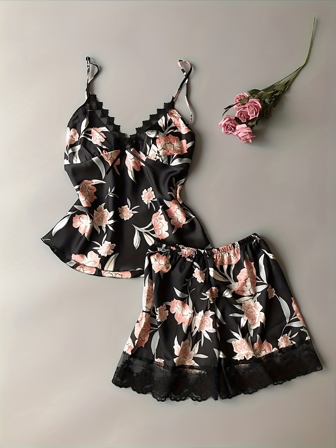 Floral Print Pajama Set Lace Trim V Neck Cami Top & Elastic Waistband Shorts