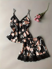 Floral Print Pajama Set Lace Trim V Neck Cami Top & Elastic Waistband Shorts