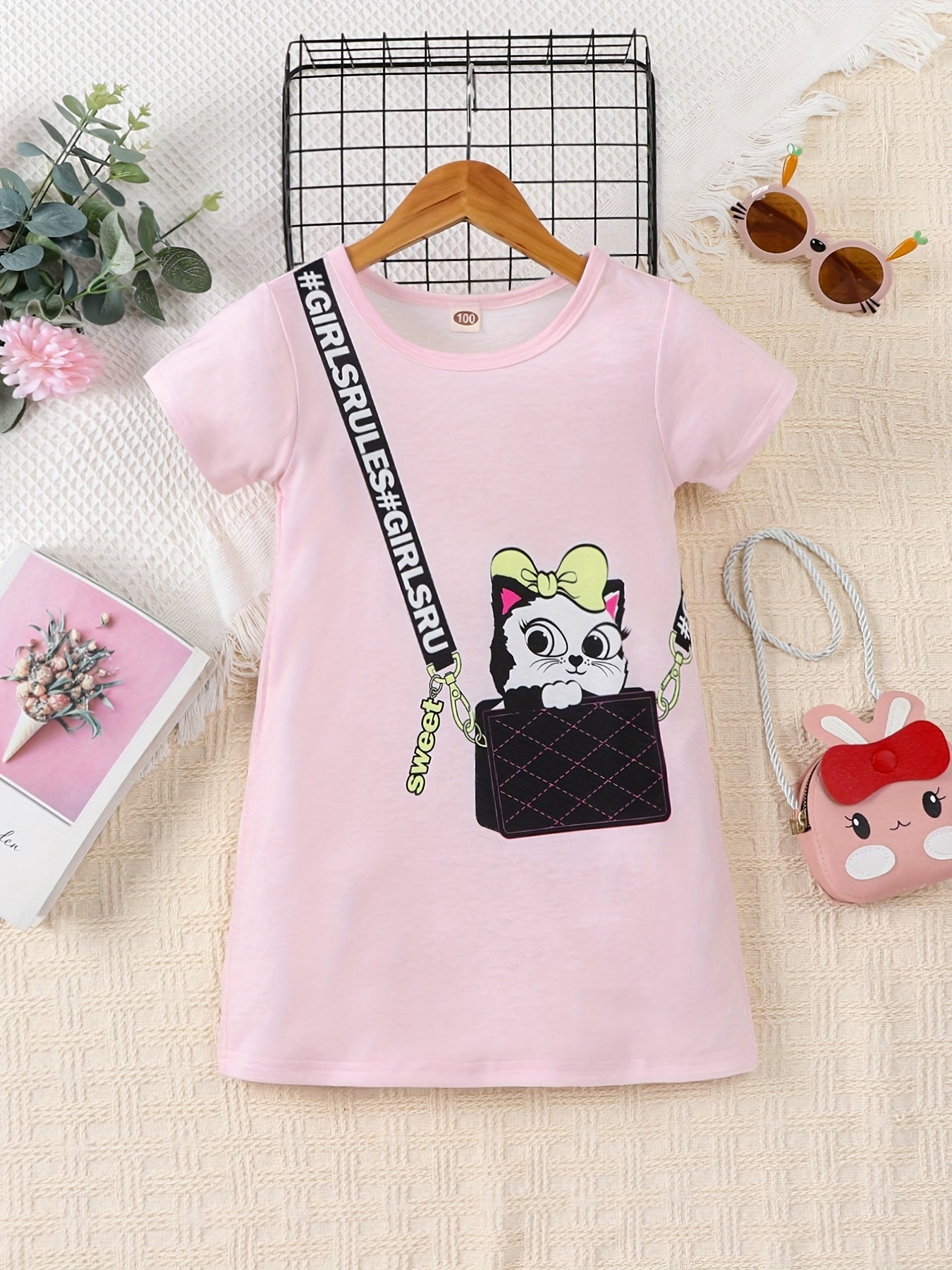 Girls Cat Print Short Sleeve Dress