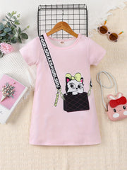 Girls Cat Print Short Sleeve Dress
