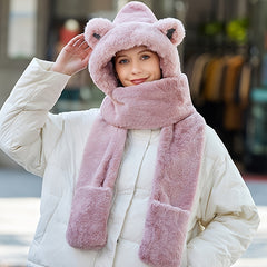 Women's Winter Warm 3 In 1 Set Plush Hat Scarf Gloves