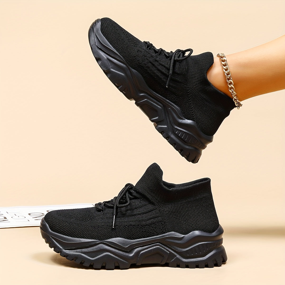 Women's Knit Sock Sneakers Lace Up Running Shoes Non slip Sport Shoes