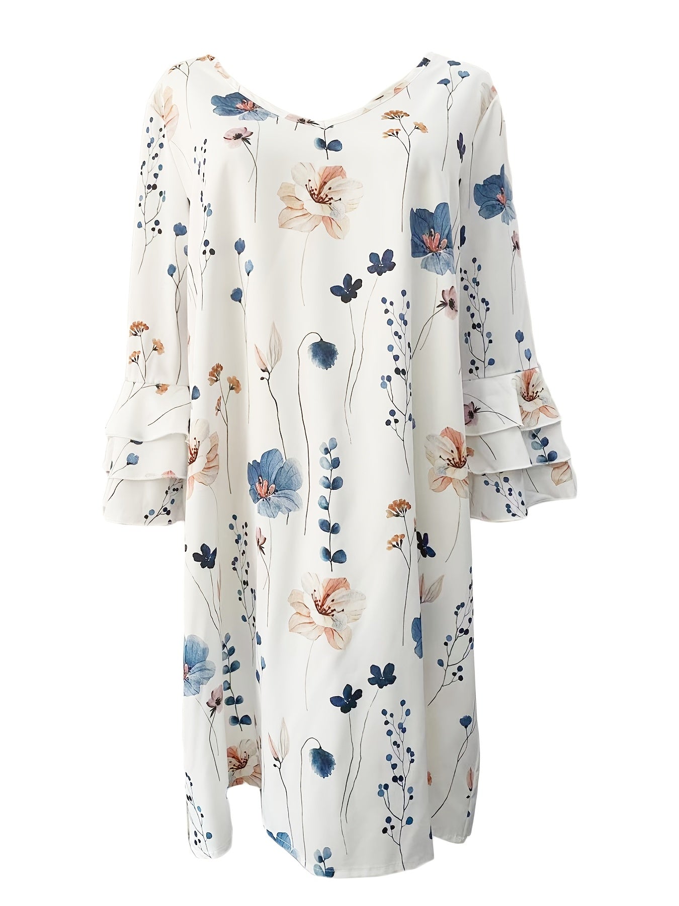 Floral Print Layered Dress Casual V Neck Flared Sleeve Dress