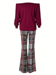Letter Print Off Shoulder Top & Plaid Print Pants Set
