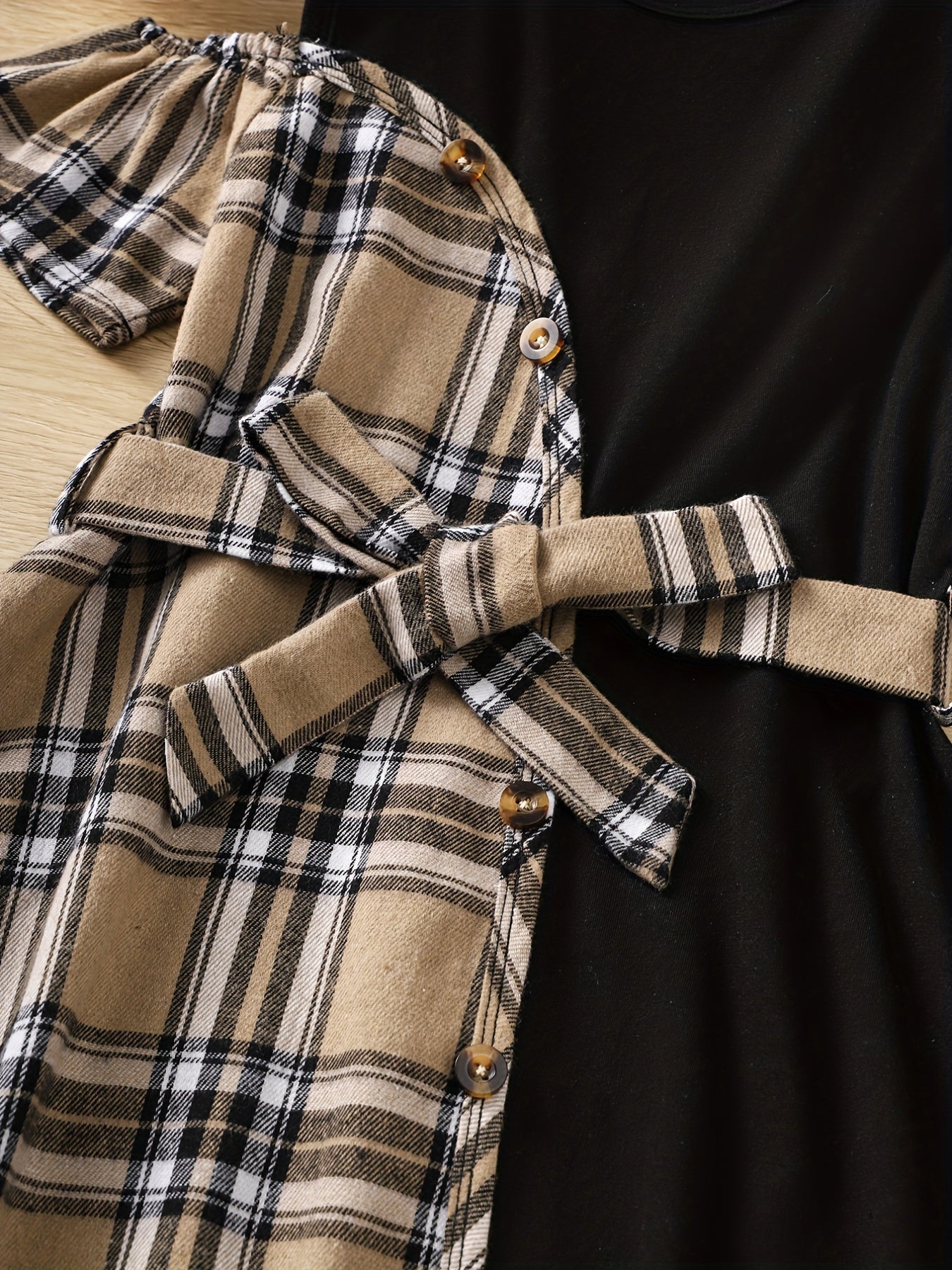 Girls' Asymmetric Plaid Stitching Short Sleeve Casual Dress