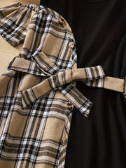 Girls' Asymmetric Plaid Stitching Short Sleeve Casual Dress