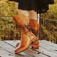 Women's Retro Mid Calf Boots Lace Up Chunky Low Heel Western Boots