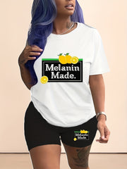 Women's Plus Lemon & Letter Print Short Sleeve Top & Shorts Two Piece Set