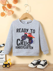 Cartoon Truck Letter Print Crew Neck Sweatshirt for Boys