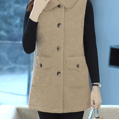 Solid Button Vest Warm Lapel Pocket for Women