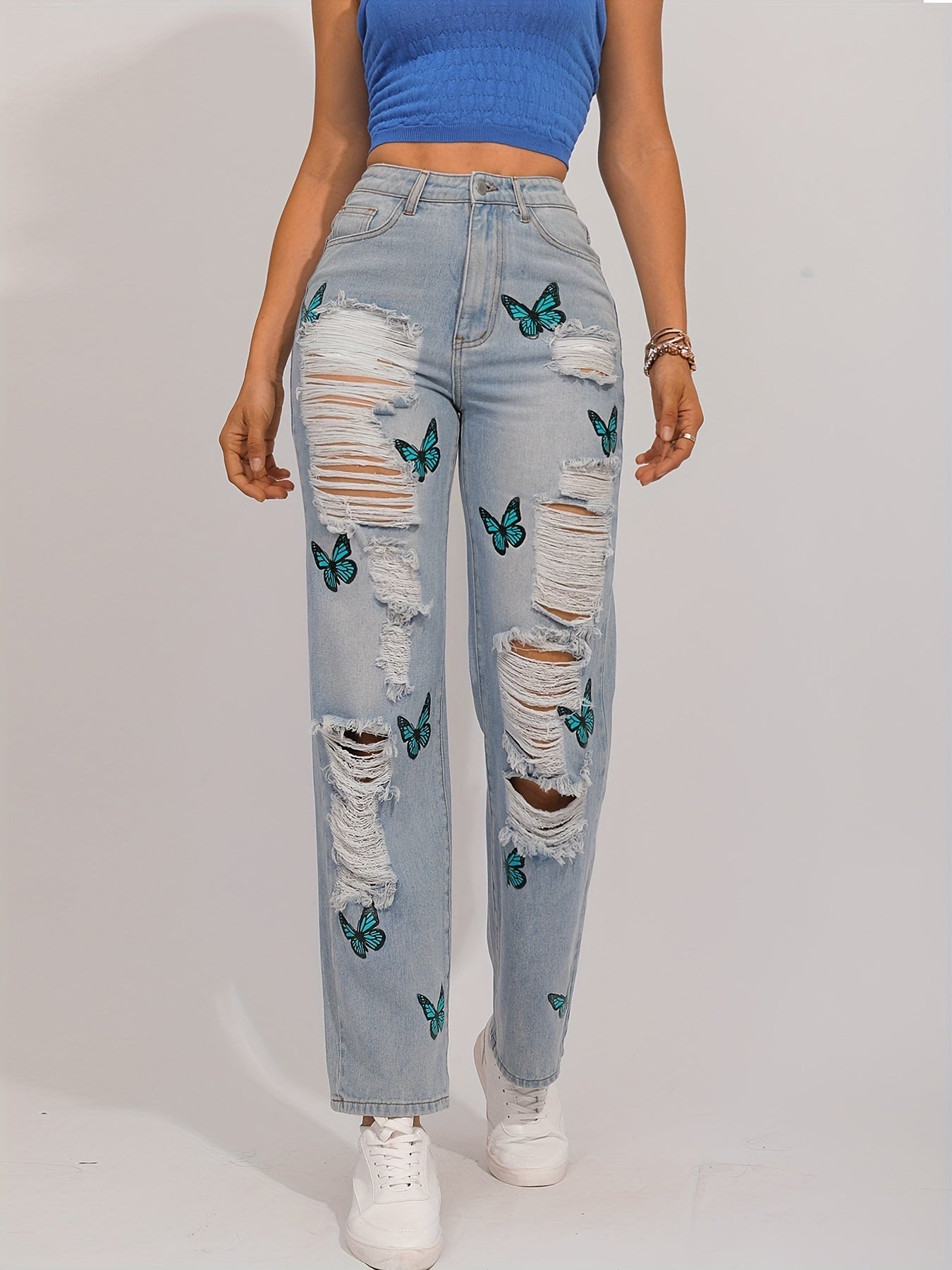Y2K Butterfly Print Ripped Straight Jeans Vintage Distressed Denim Pants