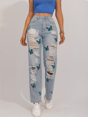 Y2K Butterfly Print Ripped Straight Jeans Vintage Distressed Denim Pants