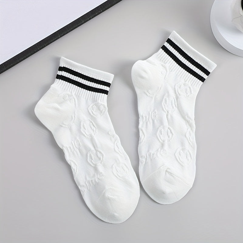 5 Pairs 3D Textured Socks Soft Striped Trim Short Socks Women's Stockings