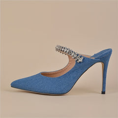 Denim Slingback High Heels Rhinestone Strap Slip On Stiletto Heels