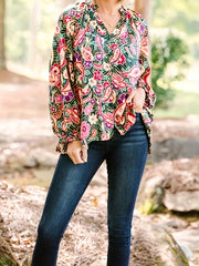 Women's Plus Paisley Floral Print Lantern Sleeve V Neck Loose Fit Blouse
