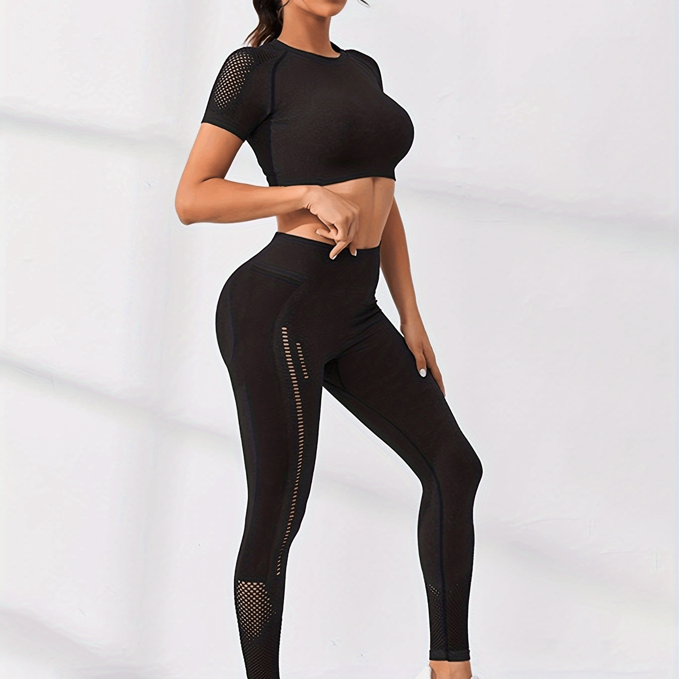 Yoga Sports Set Short Sleeve Crop Top & High Waist Leggings Women's Activewear