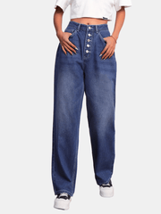 Button Fly Whiskering Straight Leg Jeans High Waist Casual Denim Pants