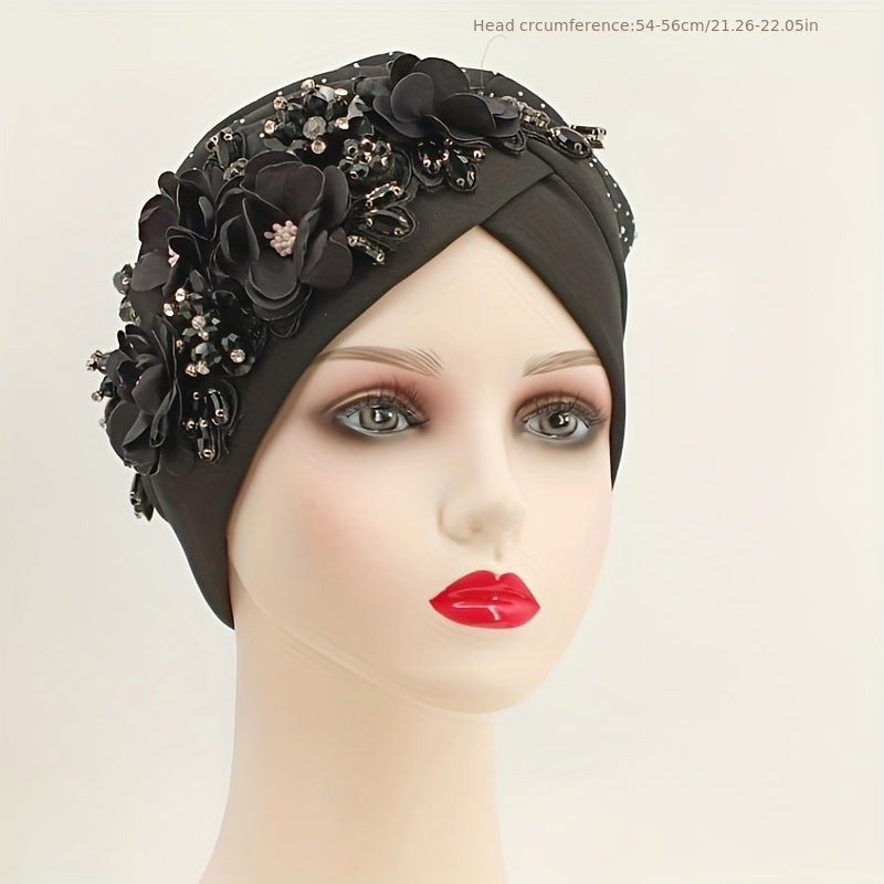 Rhinestone Flower Turban Cap Elastic Head Wrap Floral Chemo Cap