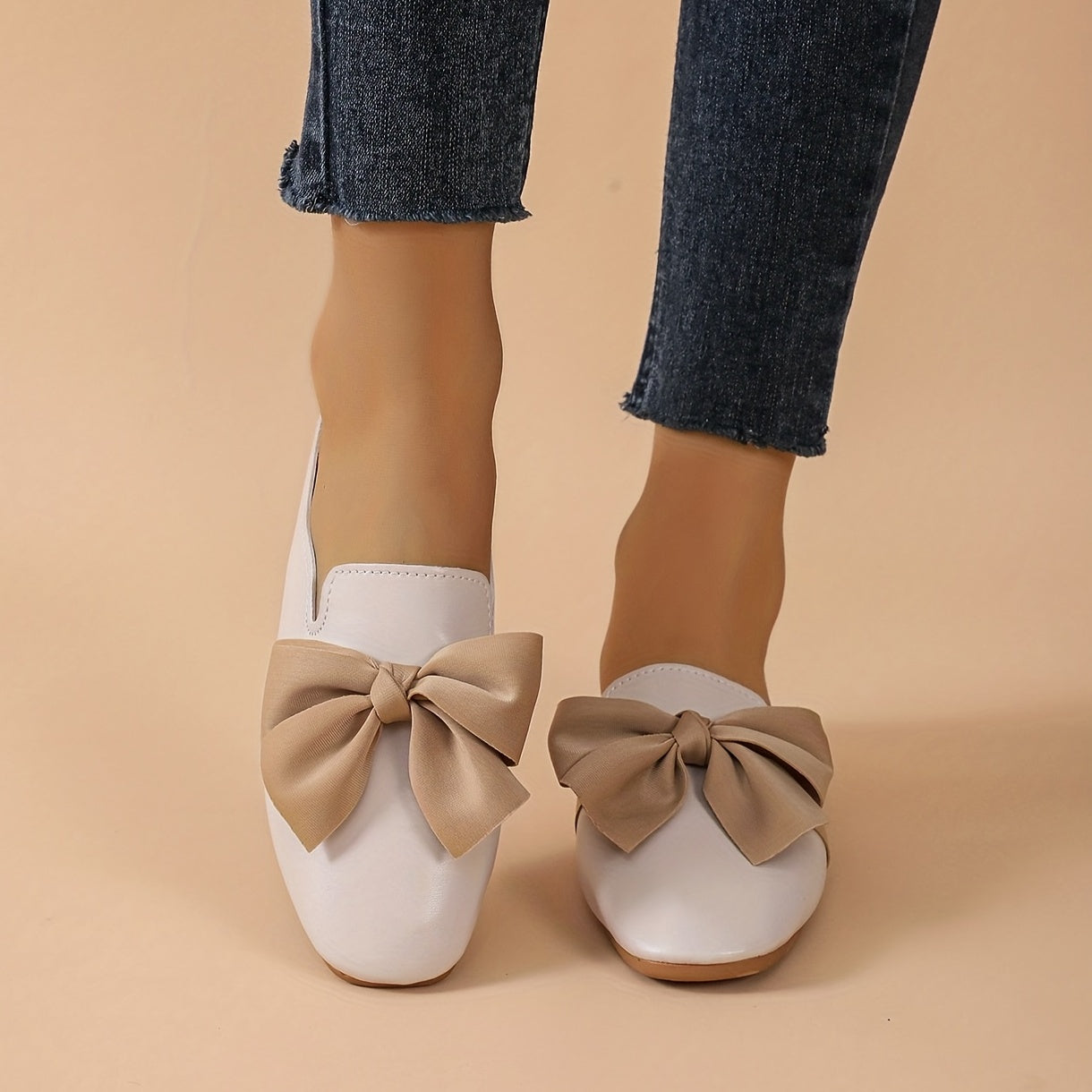 Bowknot Flat Mules Square Toe Slip On Backless Loafers