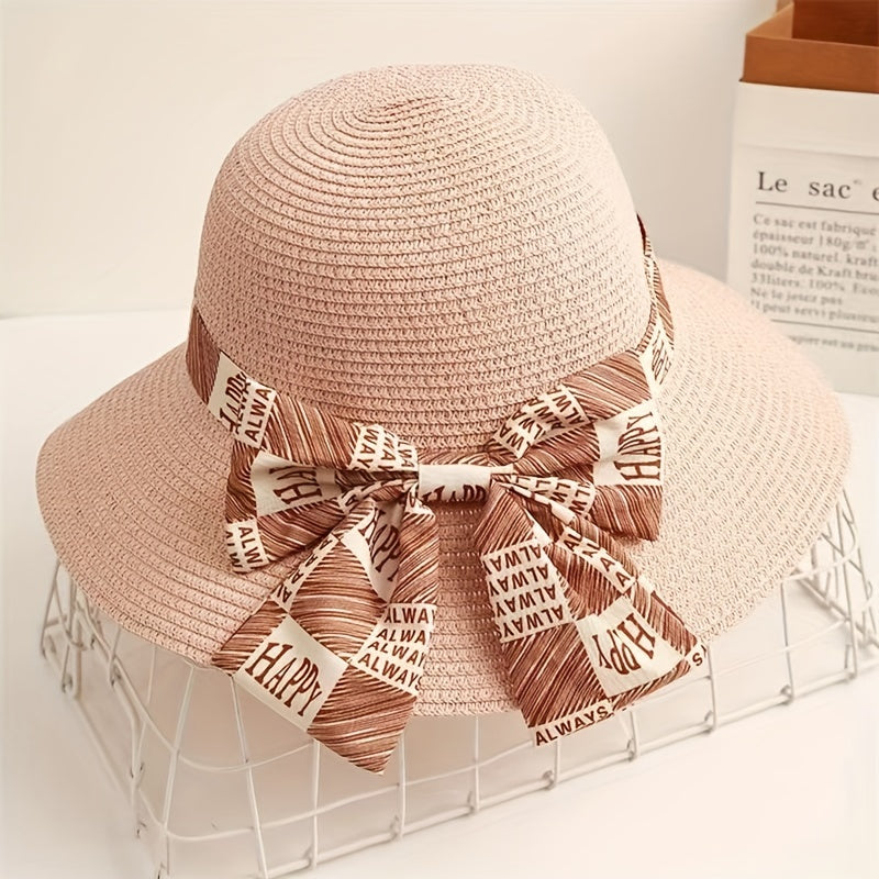 Graffiti Bowknot Sun Hat Wide Brim UV Protection Straw Hat for Women