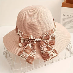 Graffiti Bowknot Sun Hat Wide Brim UV Protection Straw Hat for Women