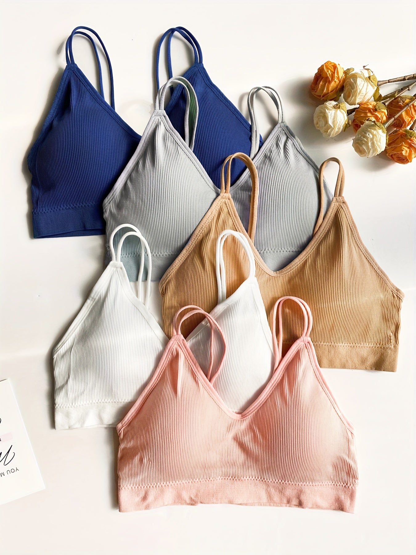 4pcs Ribbed Wireless Bras Double Straps Everyday Bra Women's Lingerie