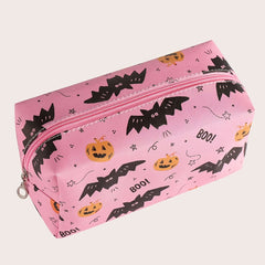 Halloween Pumpkin & Bat Print Makeup Bag Roomy Zipper Pouch