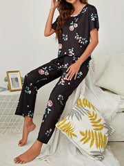 Floral Print Pajamas Set Short Sleeve Top & Lounge Pants