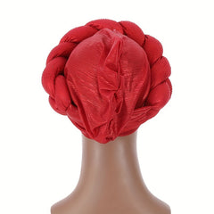 Red Twist Braided Turban Cap Rhinestone Decor Big Head Wrap Hijab Hats