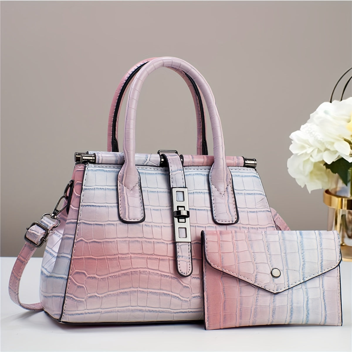 Crocodile Print Satchel Top Handle Tote Bag & Clutch Purse Set