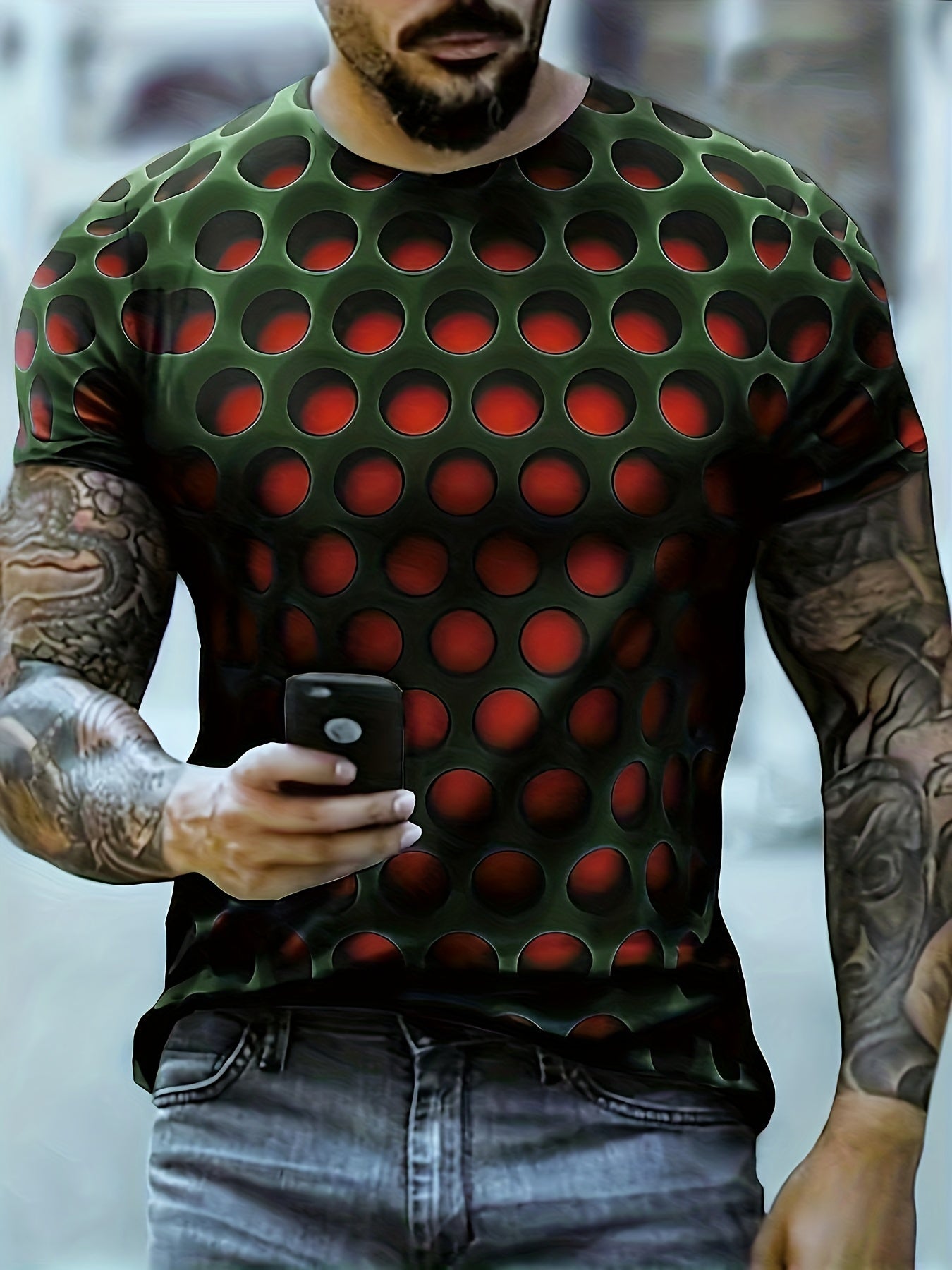 3D Dense Hole Pattern Vision Illusion Graphic Tee for Men