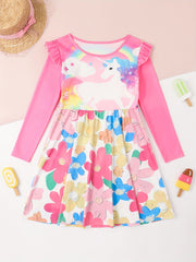 Sweet Unicorn Print Crew Neck Flutter Trim Long Sleeve Dress