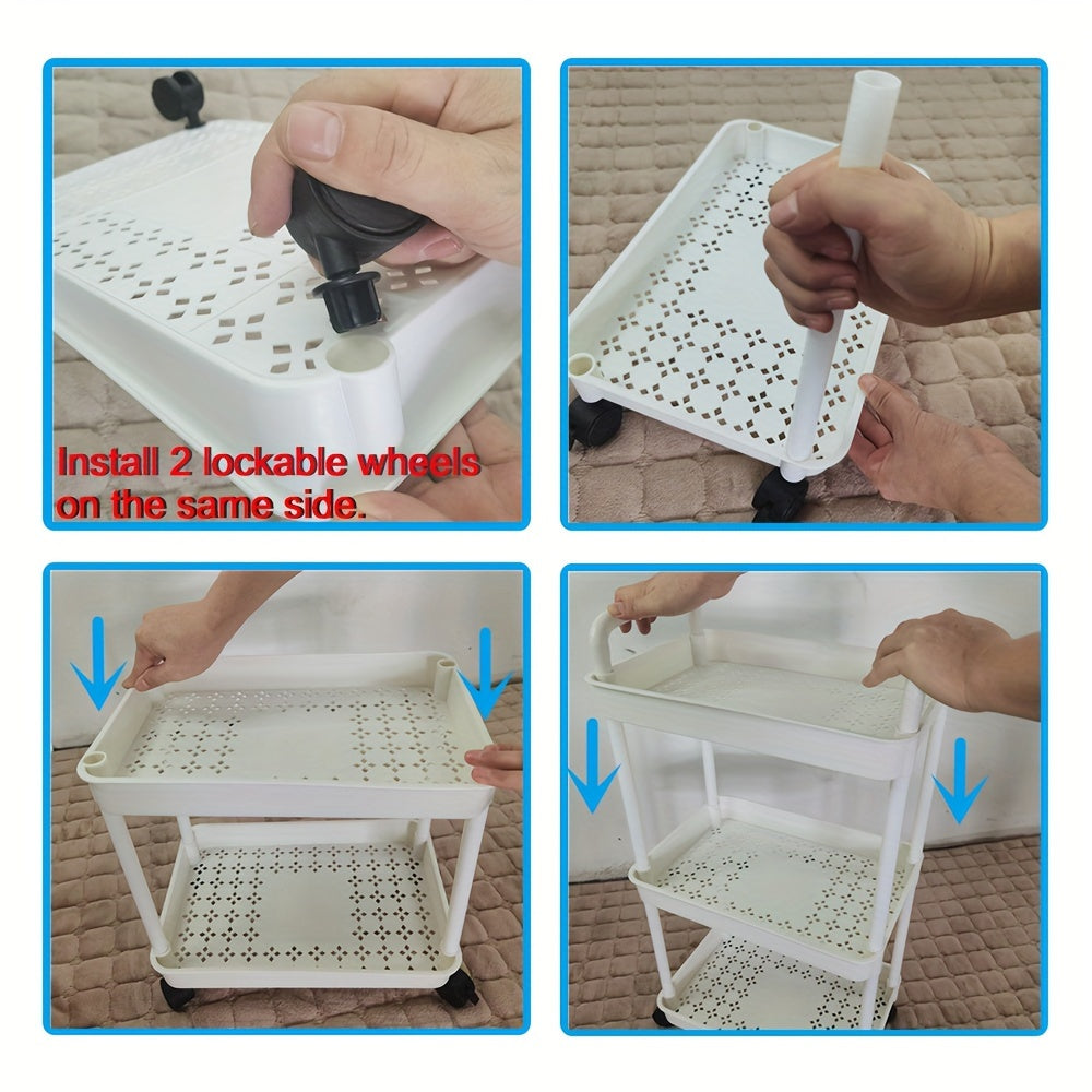 3-Layer Plastic Shelf Storage Rack with Hanging Box and Hooks