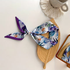 Purple Leaf Print Neckerchief Classic Hair Ribbon Twilly Scarf