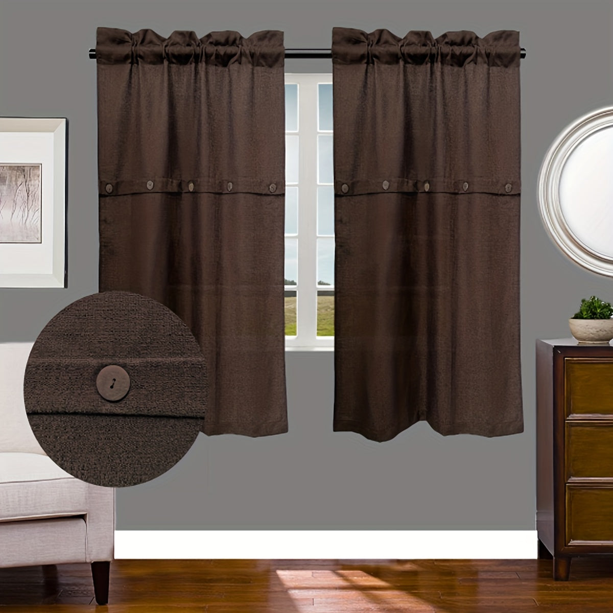 Bohemian Linen Window Curtains Button Rod Pocket Curtains