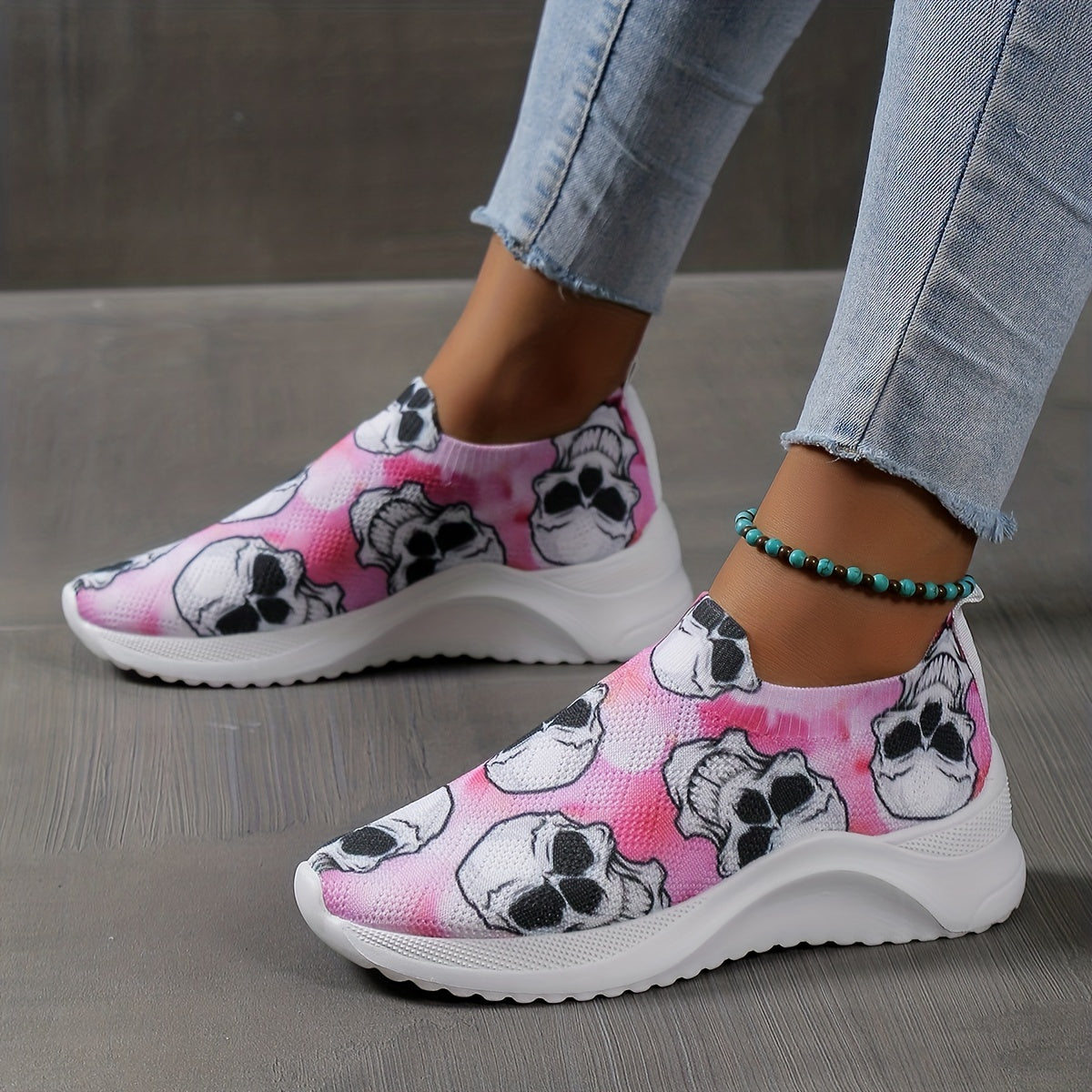 Women's Skull Pattern Sneaker Low Round Toe Non Slip Halloween Shoes