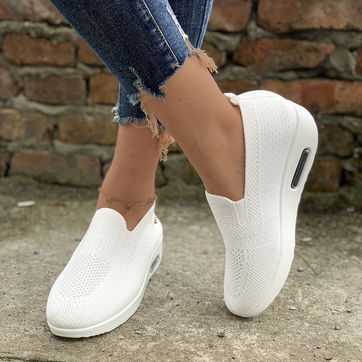Women's Air Cushion Slip On Shoes Breathable Knit Low Top Casual Walking Shoes
