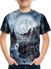 Boy's Wolf & Moon Graphic T-shirt Casual 3D Print Tee Kid's Clothing